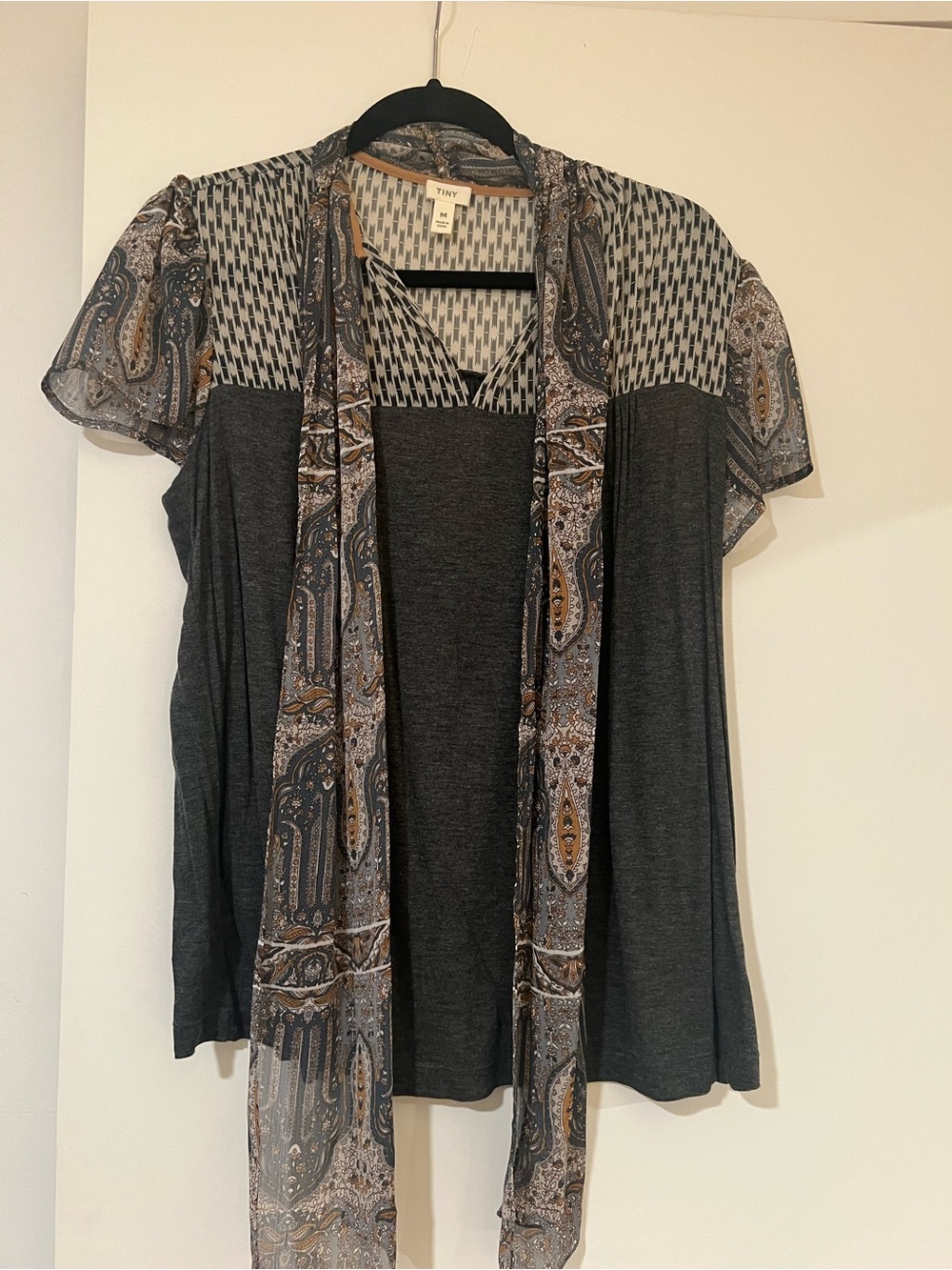 TINY Mixed-Media Paisley Tie-Neck Top in Charcoal and Taupe